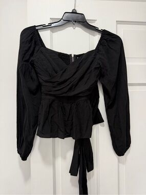 Black off the shoulder blouse with tie waist and long sleeves XS